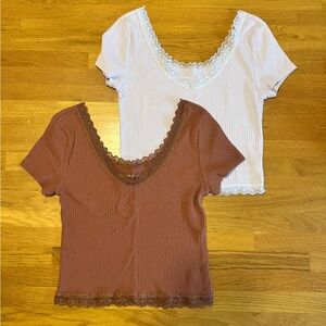 EUC Aeropostale Lace Trim Ribbed Tops - Brown and Lilac ~ Size Small